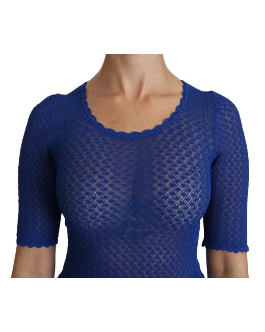 Dolce & Gabbana Blue See Through Round Neck Top Viscose Blouse