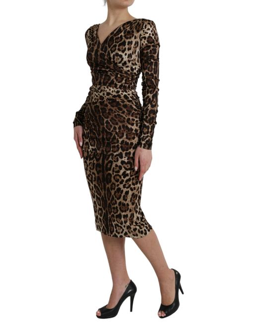 Dolce & Gabbana Black Leopard Print Bodycon V-Neck Midi Dress