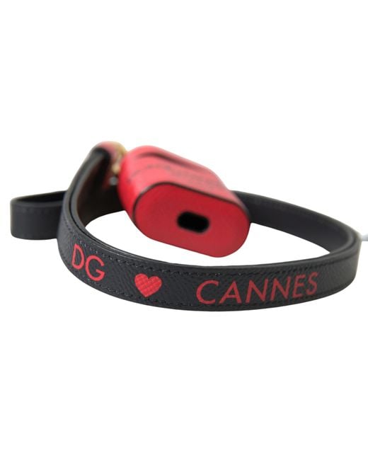 Dolce & Gabbana Red Black Calf Leather Logo Print Strap Airpods Case