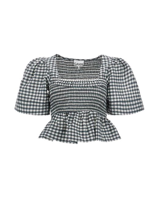 Ganni Gray Seersucker Checkered Pattern Top