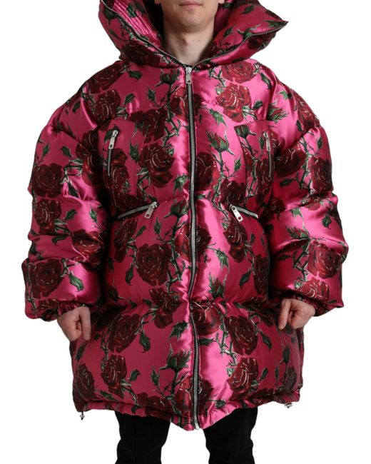 Dolce & Gabbana Red Pink Roses Pattern Hooded Padded Zip Jacket for men