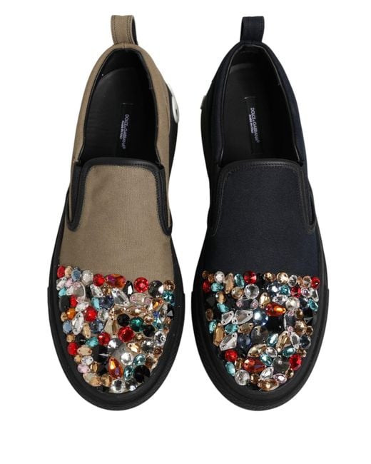 Dolce & Gabbana Black Blue Canvas Embellished Slip On Men Sneakers Shoes for men