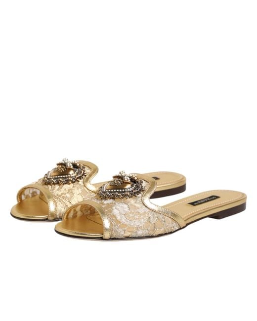 Dolce & Gabbana Metallic Gold Devotion Lace Flats Slip On Sandals Shoes