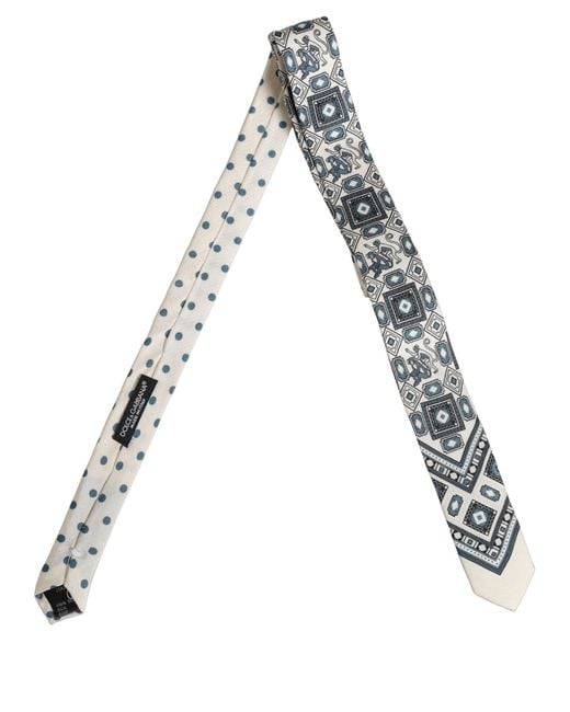 Dolce & Gabbana Men Off White Blue Geometric Adjustable Tied Necktie Tie for men