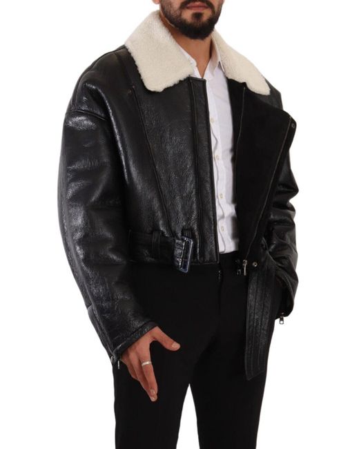 Dolce & Gabbana Black Leather Shearling Biker Coat Jacket Lamb Leather for men