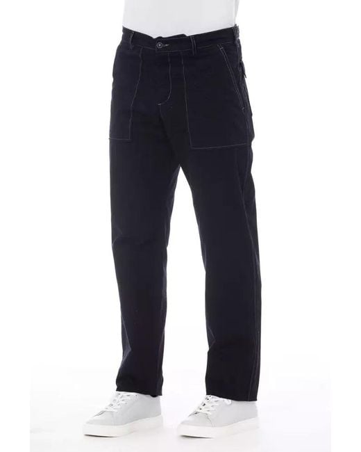 Alpha Studio Blue Chic Cotton Pants With Contrast Stitching for men