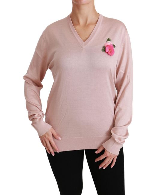 Dolce & Gabbana Pink Floral Embellished Silk Sweater