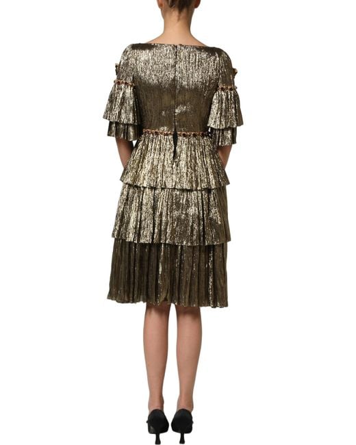 Dolce & Gabbana Black Metallic Gold Embellished Tiered Midi Dress