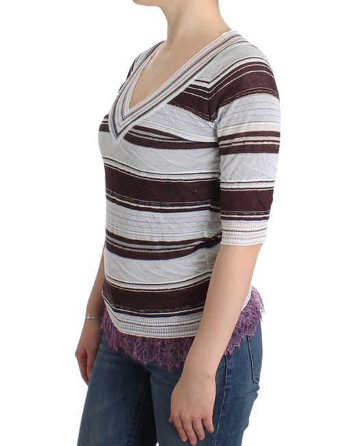 Ermanno Scervino Black Striped V-Neck Knit Top With Lace Hem