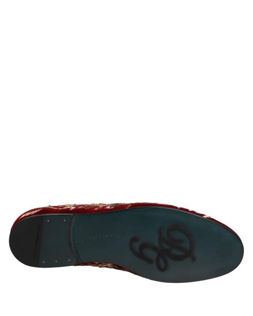 Dolce & Gabbana Red Velvet Floral Embroidery Loafers Men\'s Shoes Red Velvet Floral Embroidery Loafers Shoes – Éminence Luxury  main image 4