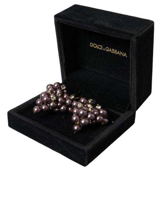 Dolce & Gabbana Brown Grape Pearl Sicily Brass Floral Clip On Earrings