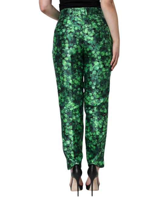Dolce & Gabbana Green Clover Silk Satin High Waist Tapered Pants