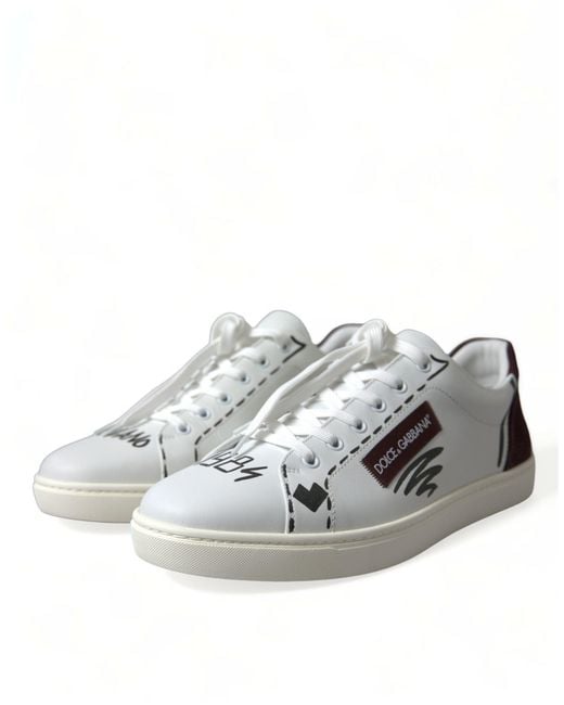 Dolce & Gabbana White Bordeaux Leather Logo Low Top Sneakers Shoes for men