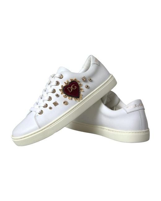 Dolce & Gabbana Multicolor White Leather Gold Red Heart Sneakers Shoes for men