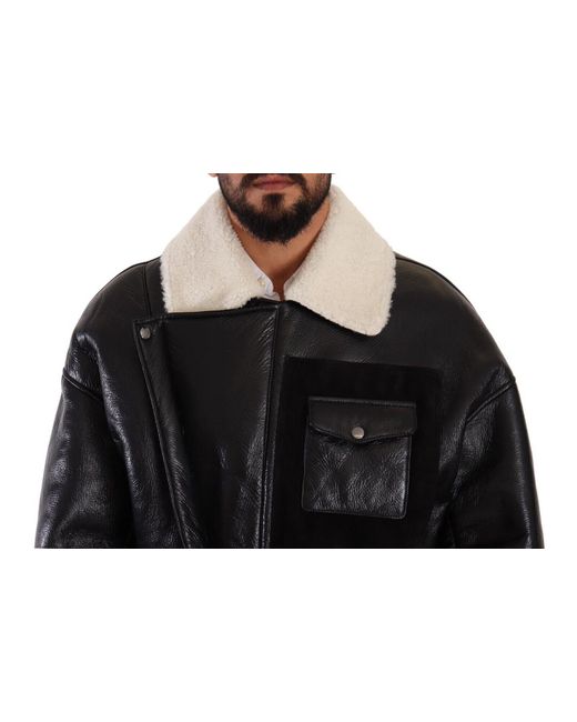Dolce & Gabbana Black Leather Shearling Biker Coat Jacket Lamb Leather for men