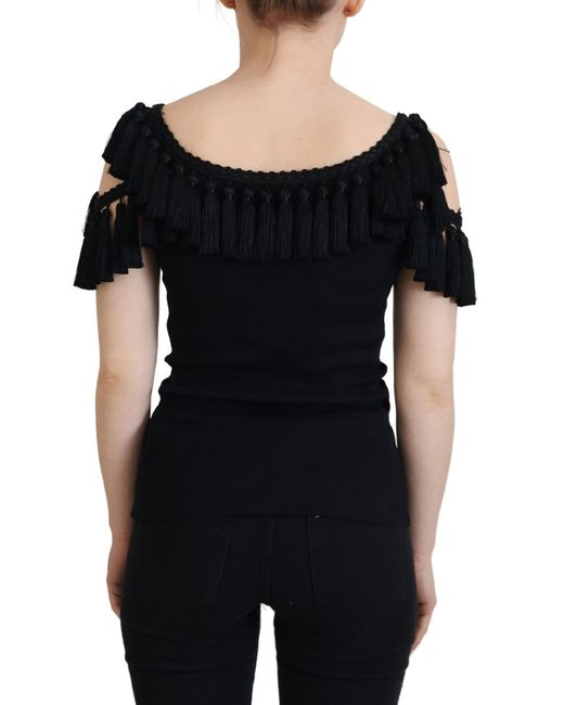 Dolce & Gabbana Black Tank Top Tassle Cotton Blouse