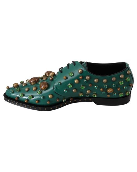 Dolce & Gabbana Green Emerald Leather Dress Shoes With Crystal Accents