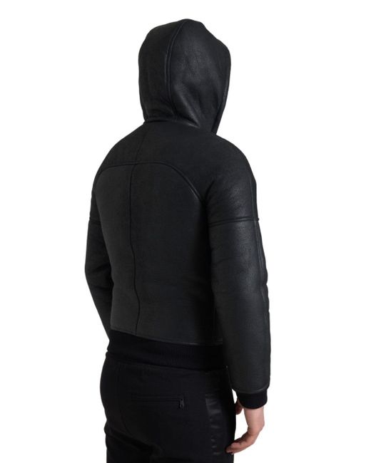Dolce & Gabbana Black Leather Full Zip Hoodedjacket for men