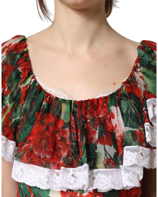 Dolce & Gabbana Brown Multicolor Geranium Flower Lace Maxi Dress