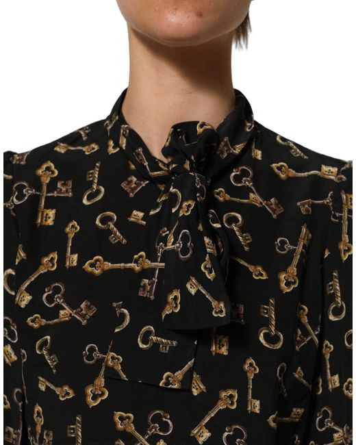 Dolce & Gabbana Black Keys Print Silk Tie Neck Blouse Top