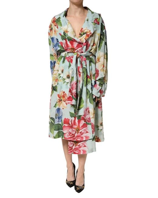 Dolce & Gabbana Red Floral Silk Wrap Midi Long Sleeve Dress