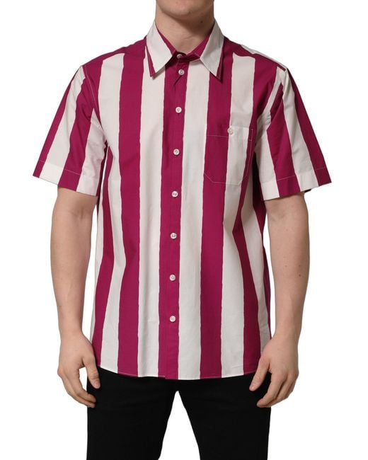 Dolce & Gabbana Red White Maroon Striped Men Short Sleeves Shirt for men