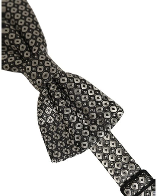 Dolce & Gabbana Black Men Gray Silk Patterned Adjustable Neck Papillon Bow Tie for men