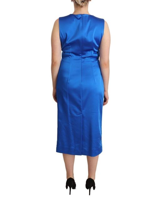 P.A.R.O.S.H. Blue Acetate Sleeveless Pleated Midi Sheath Dress