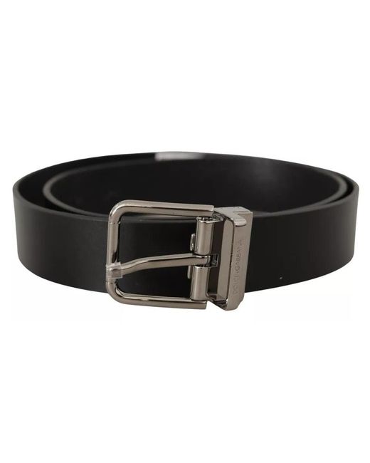 Dolce & Gabbana Black Calf Leather Logo Engraved Metal Buckle Belt for men