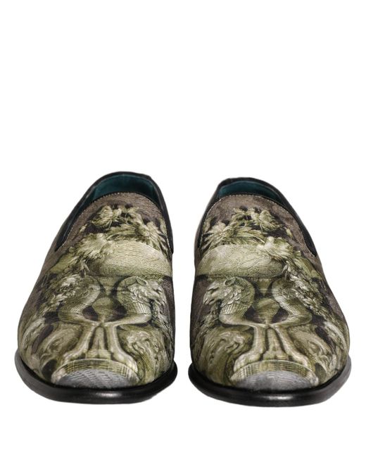 Dolce & Gabbana Gray Brown Baroque Print Slip On Loafers Shoes for men