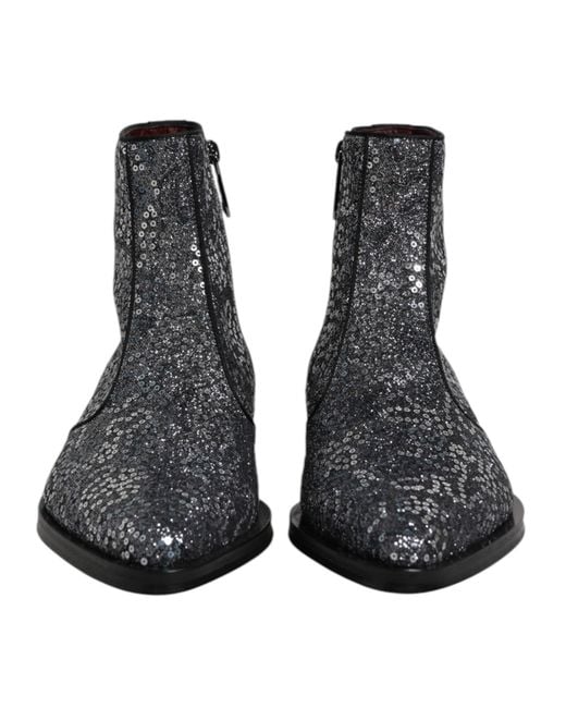 Dolce & Gabbana Brown Dark Gray Cotton Sequined Chelsea Boots Shoes for men