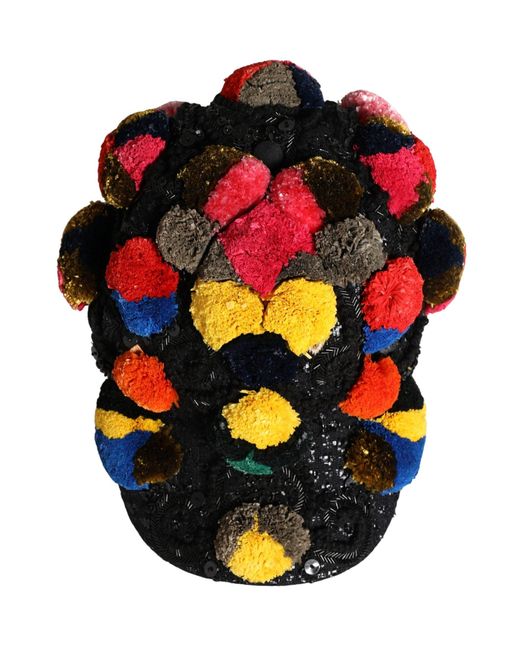 Dolce & Gabbana White Multicolor Pom Poms Sequin Embellishment Hat