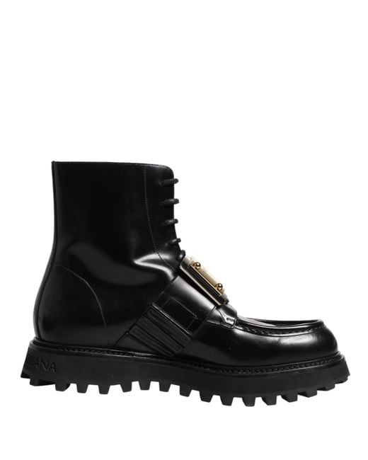 Dolce & Gabbana Black Leather Dg Plaque Lace Up Boots Shoes for men