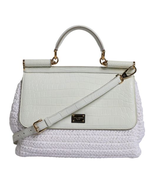 Dolce & Gabbana Gray White Rafia Leather Top Handle Crossbody Bag