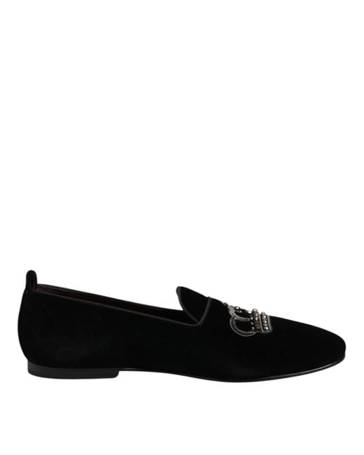Dolce & Gabbana Black Velvet Crystal Crown Loafers Shoes for men