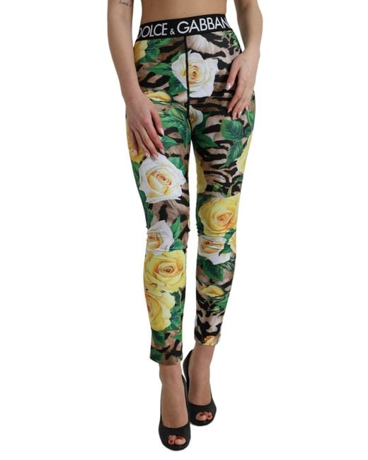 Dolce & Gabbana Green Multicolor Floral High Waist Leggings Pants
