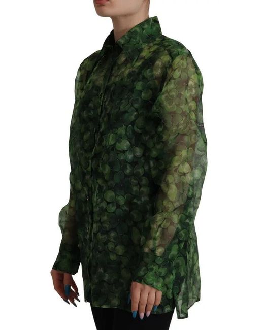 Dolce & Gabbana Green Clover Print Long Sleeves Collared Top Blouse
