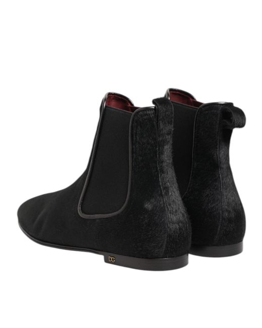 Dolce & Gabbana Black Leather Fur Men Chelsea Boots Shoes for men