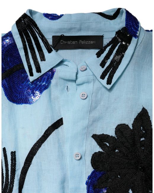 Christian Pellizzari Light Blue Floral Embellished Shirt Maxi Dress