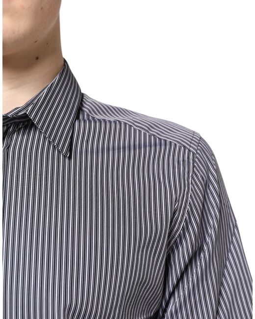 Dolce & Gabbana Gray Black White Striped Gold Formal Dress Shirt for men