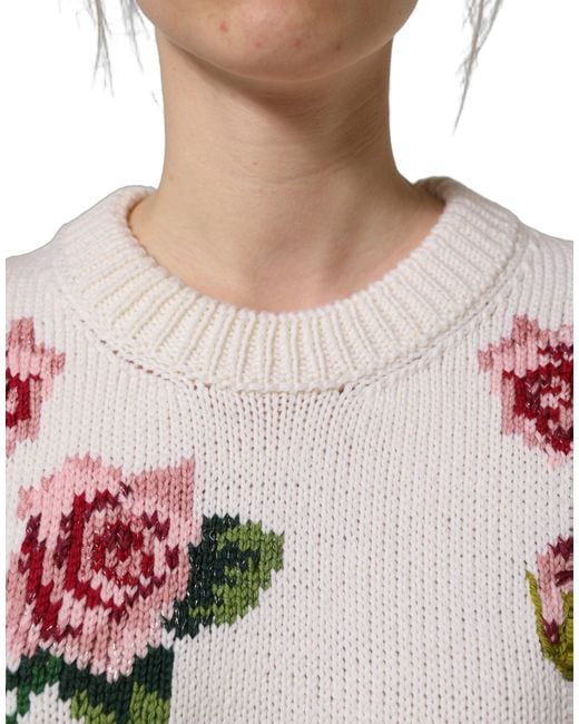 Dolce & Gabbana Black White Wool Floral Crew Neck Pullover Sweater