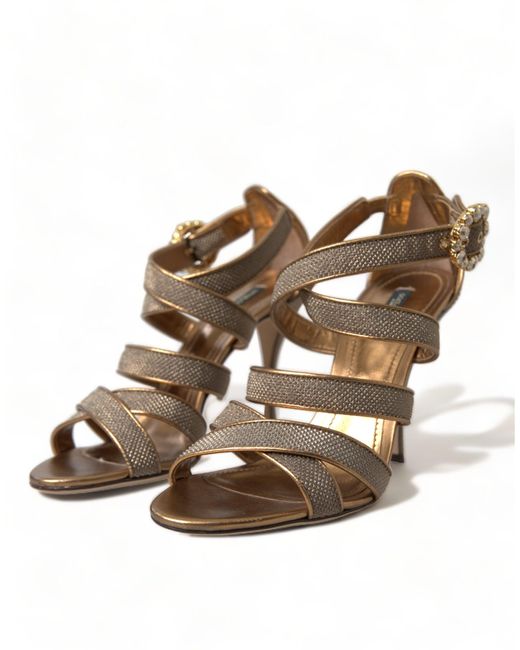 Dolce & Gabbana Metallic Bronze Crystal Strap Heels Sandals Shoes