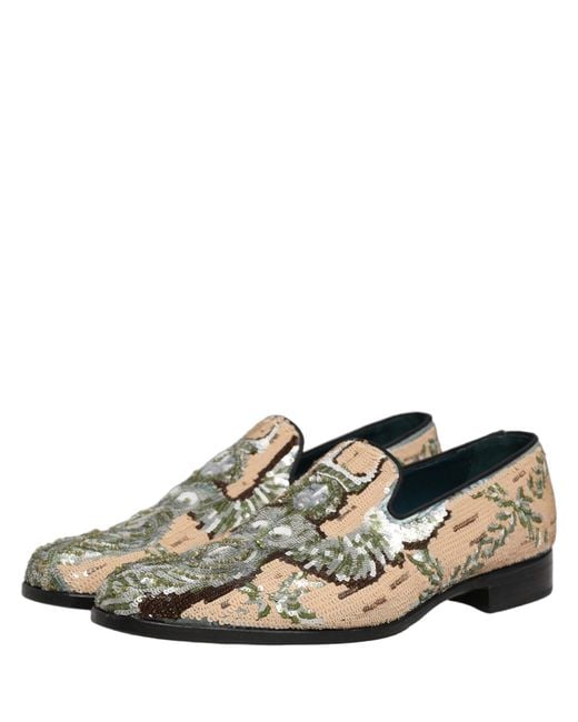Dolce & Gabbana White Beige Sequin Embroidery Dress Loafers Shoes for men