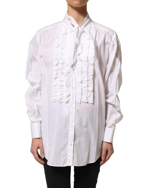 Dolce & Gabbana Gray Ruffled Bib Long Sleeves Blouse Top Cotton