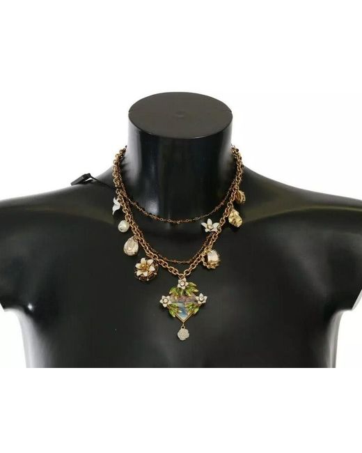 Dolce & Gabbana Black Brass Crystal Floral Statement Charms Necklace