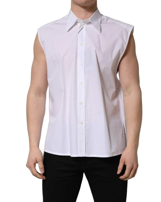 Dolce & Gabbana White Cotton Sleeveless Formal Dress Shirt for men