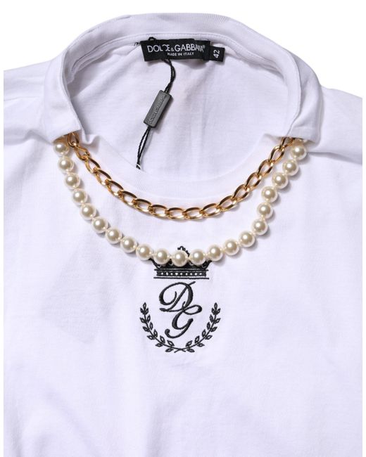 Dolce & Gabbana White Chain Pearl Cotton Round Neck T for men