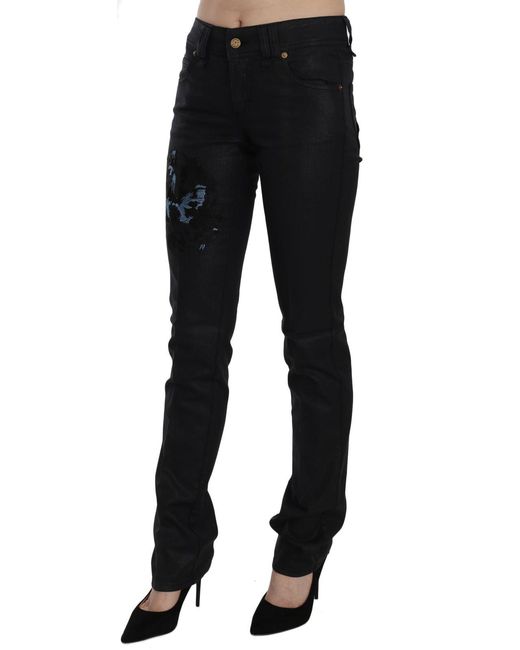 John Galliano Black Swan Floral Embroidered Mid Waist Skinny Denim Jeans
