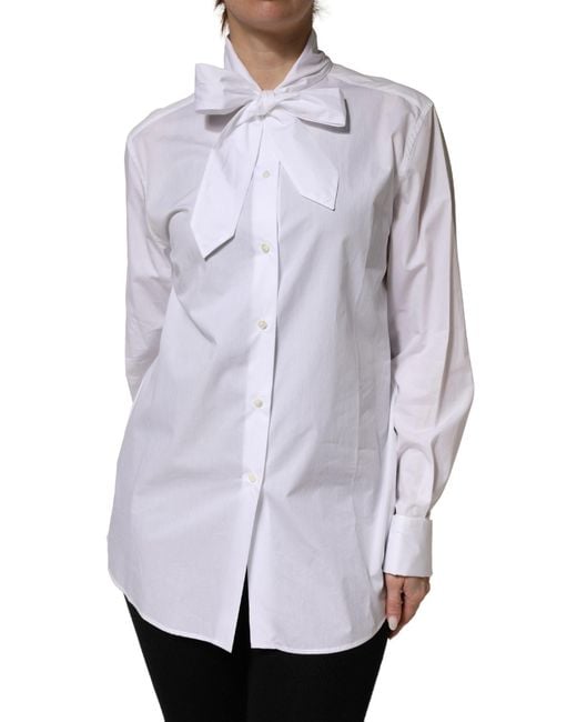 Dolce & Gabbana Blue White Cotton Bow Tie Long Sleeves Blouse Top