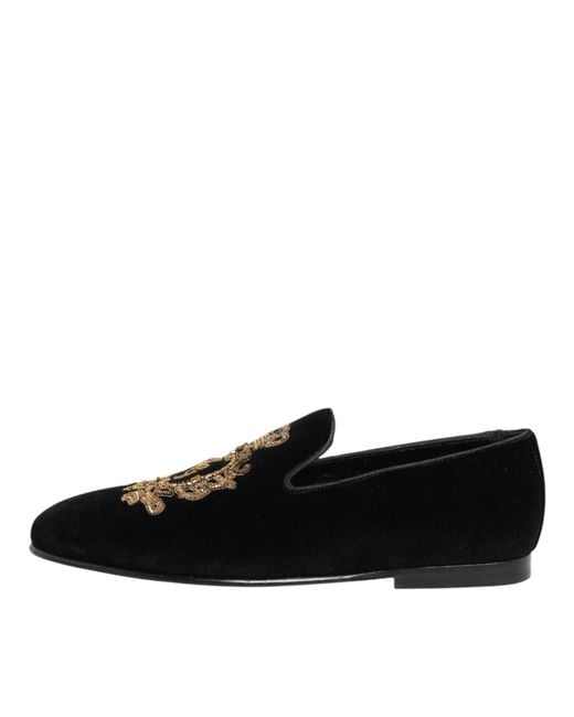 Dolce & Gabbana Black Velvet Gold Crown Mens Loafers Shoes for men